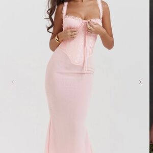 SYRAH Soft Peach Lace Back Midi Dress